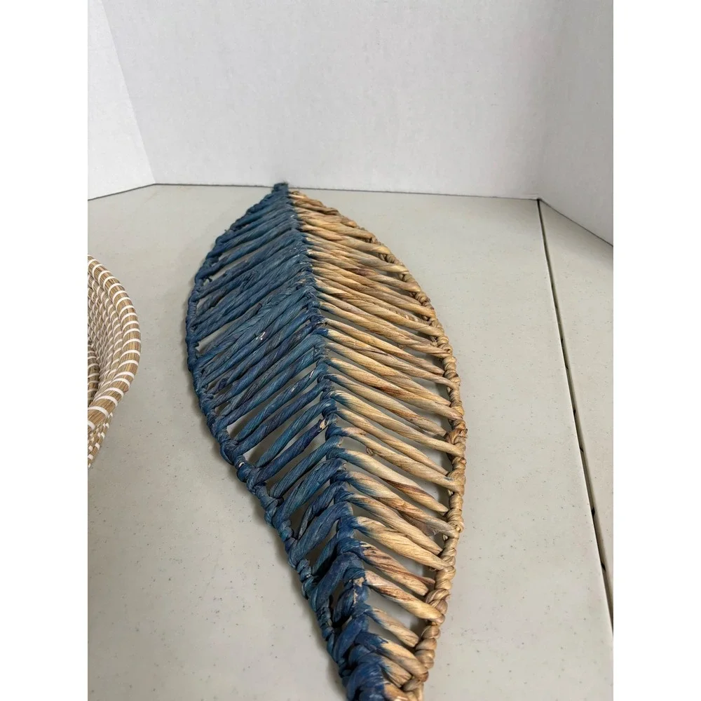Woven Seagrass Round Tray‎ and Blue Leaf Decor Set Coastal Boho Home Accents